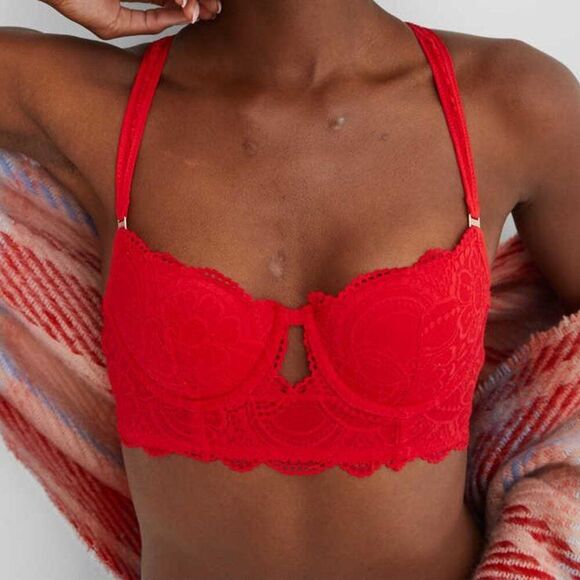 Aerie Real Power Balconette Lightly Lined Slumber Party Lace Bra Red Size 34DD - Picture 1 of 6